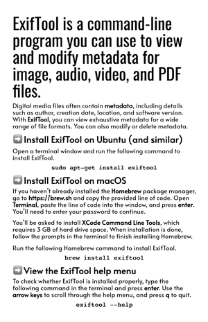 First page of a two-page how-to guide, with the following text at the top: "Exiftool is a command-line program you can use to view and modify metadata for image, audio, video, and PDF files."