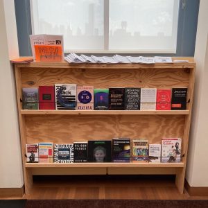 A plain wooden shelf with two rows of books, with 19 books from Iffy Books on display. There are flyers and free zines on top of the shelf.