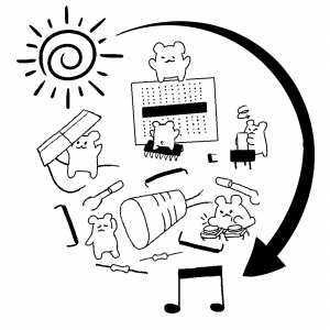 A black-and-white drawing of cute hamsters assembling electronic components on a breadboard. A spiral sun appears in the top left corner, with a curving arrow pointing at a pair of music notes.