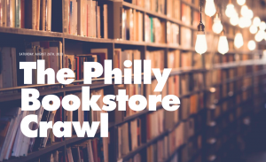 A photo of bookshelves illuminated by hanging light bulbs, with the following text overlaid in white: Saturday, August 26th, 2023 The Philly Bookstore Crawl