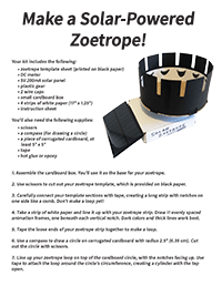 First page of an instruction guide called 'Make a Solar-Powered Zoetrope!' There's a photo of a zoetrope (black cylinder with notches and drawings inside) with a solar panel attached next to the instruction text.