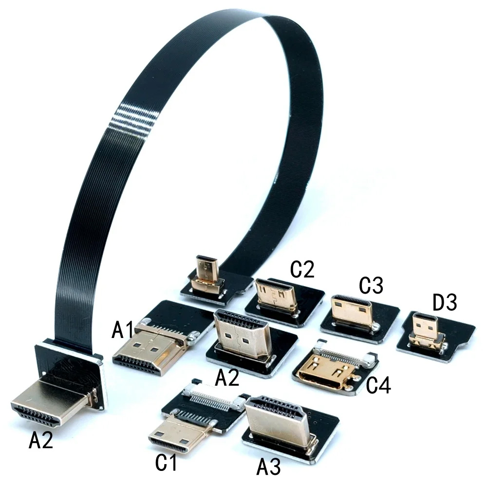 Product photo of a modular HDMI cable with a thing wire strip connecting two small HDMI plugs, beside 8 different interchangeable connectors