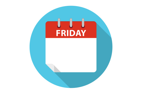 An illustration of a spiral-bound calendar page labeled "Friday" inside a teal circle