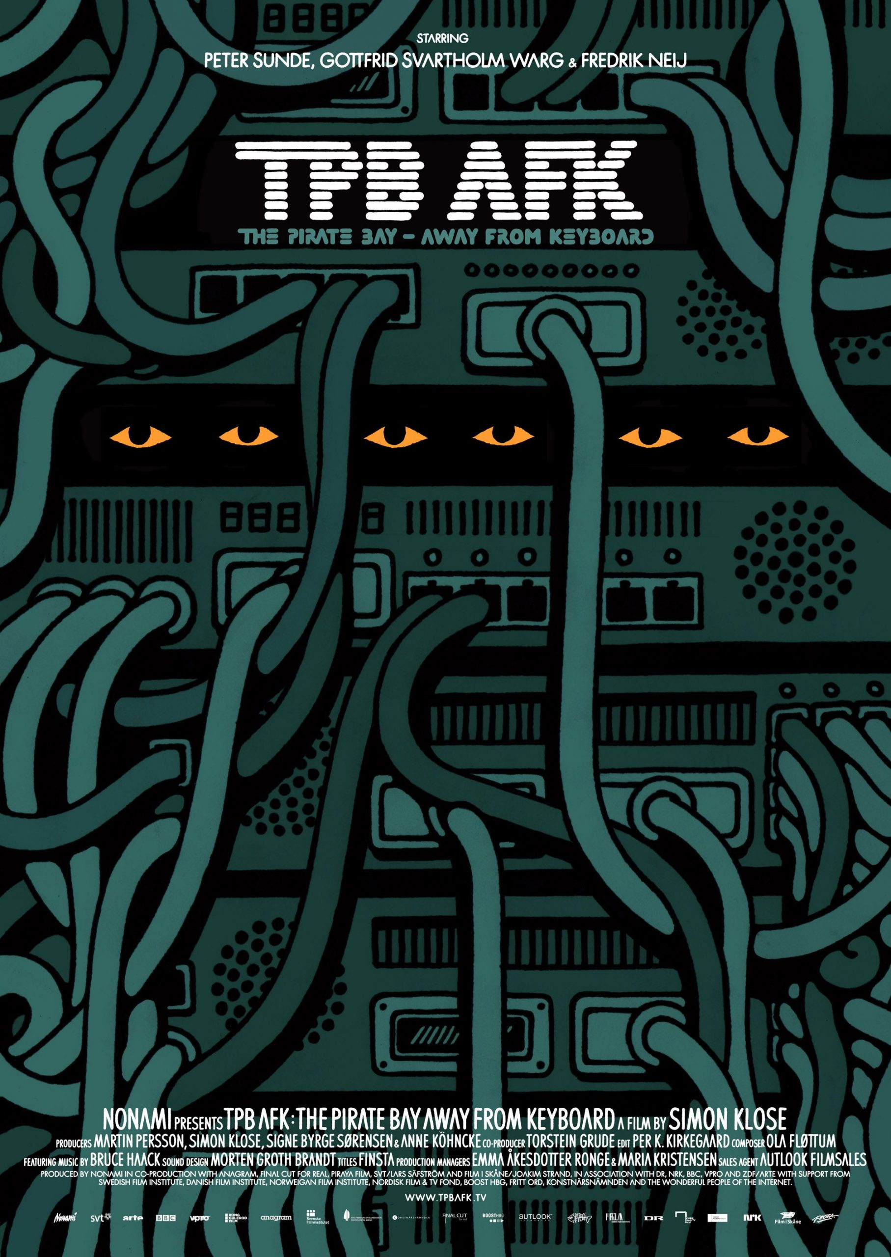 Promotional poster for the film 'TPB AFK: The Pirate Bay Away from Keyboard.' It features an illustration of a server rack with tangled cables, with three pairs of eyes peering out from between the servers.