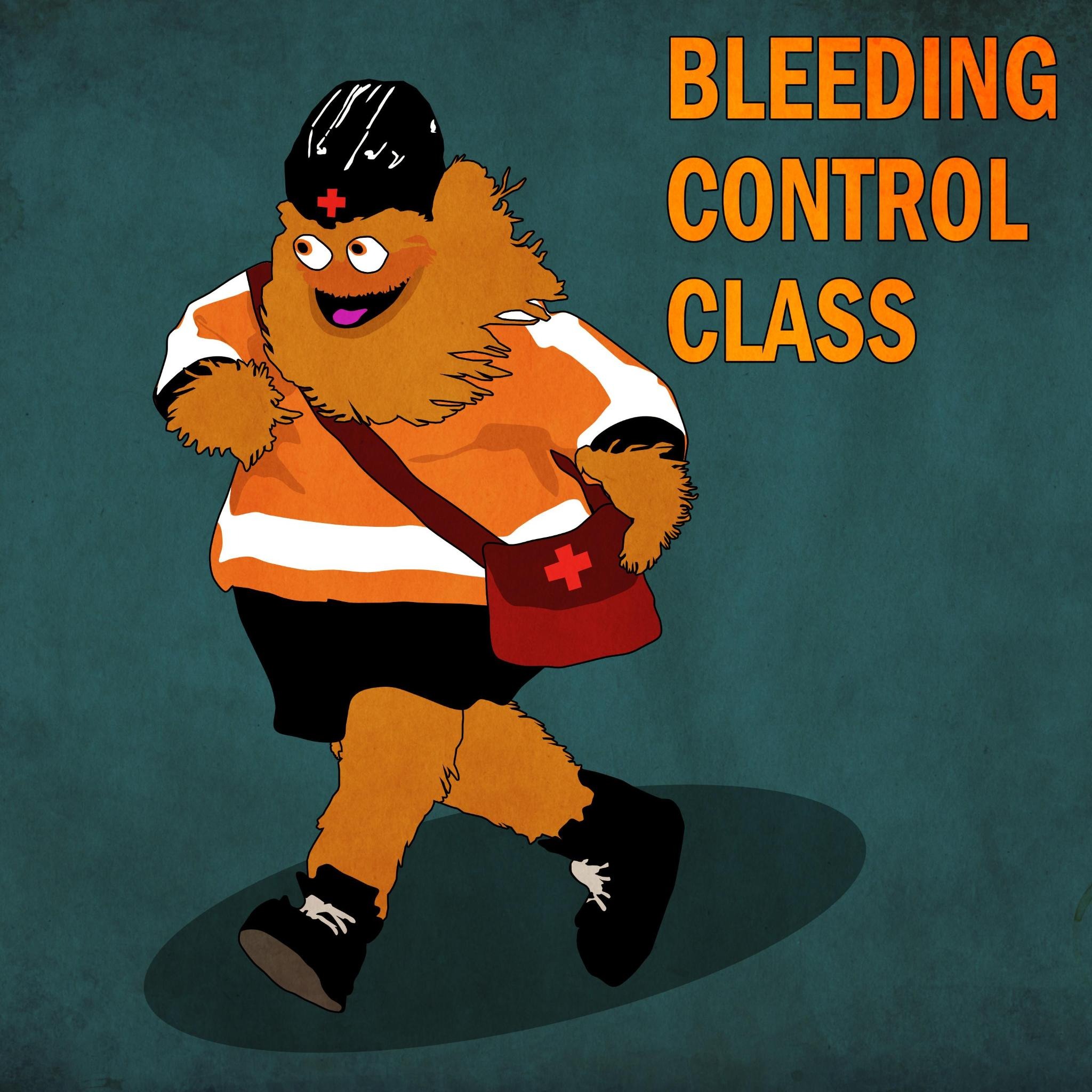 Gritty (hairy orange mascot of the Flyers) in stride, wearing a hockey helmet with a red cross and carrying a bag with a red cross. Orange text in the top right corner says "BLEEDING CONTROL CLASS."
