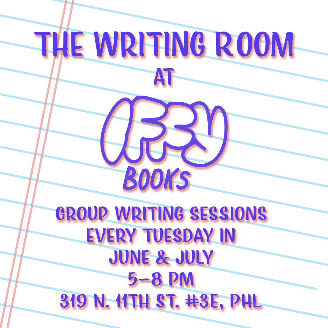 Flyer with the blue text and a light red drop shadow, on a background resembling lined notebook paper. The texts says "The Writing Room at Iffy Books / Group writing sessions every Tuesday"