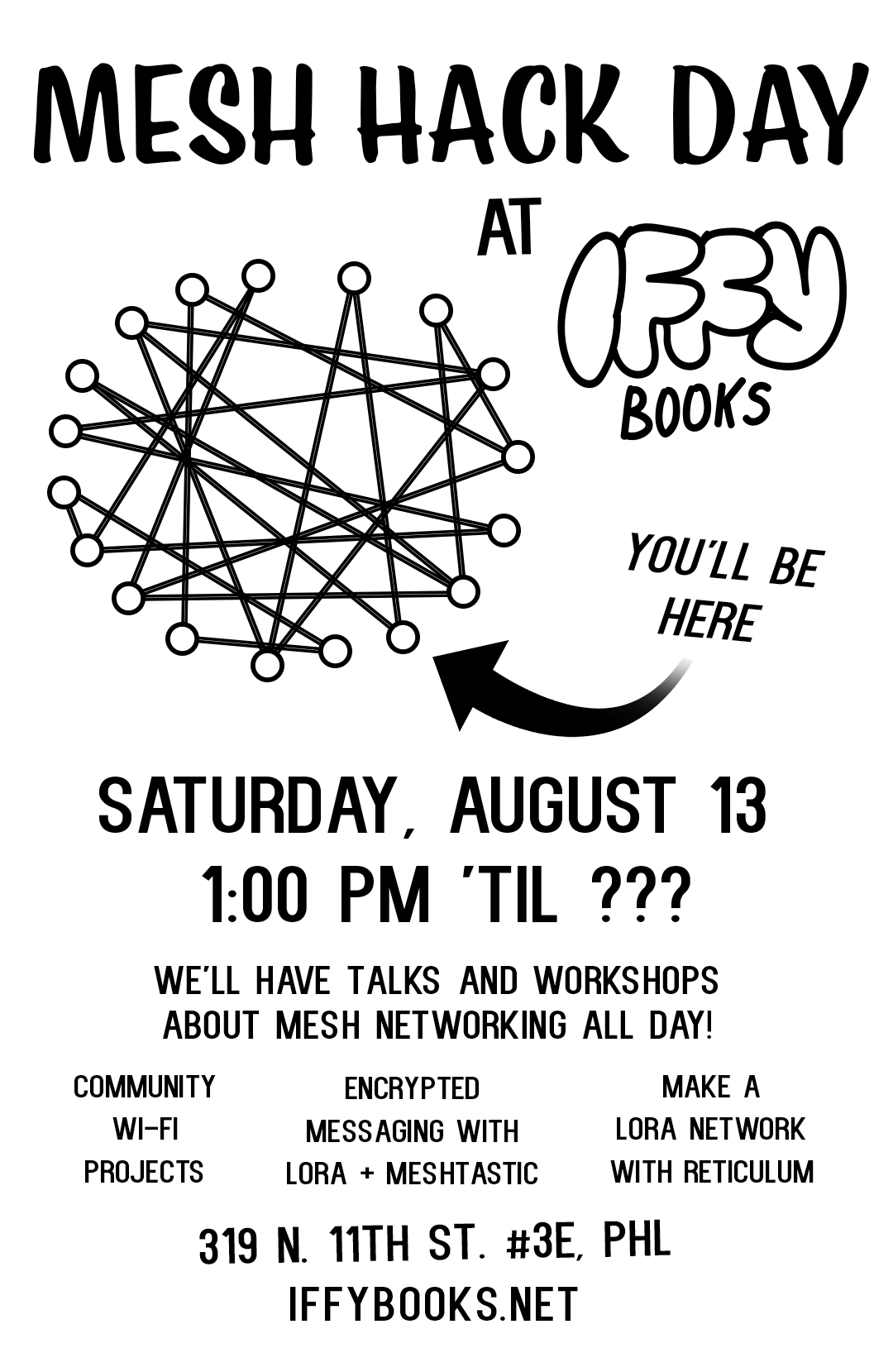 A flyer with black text on a white background: "MESH HACK DAY at Iffy Books / SATURDAY, AUGUST 13 / 1:00 PM 'TIL ??? / We'll have talks and workshops about mesh networking all day! / Community wi-fi projects / Encrypted messaging with LoRa + Meshtastic / Make a LoRa network with Reticulum / 319 N. 11th St. #3E, PHL / IFFYBOOKS.NET" In the middle of the flyer is a network diagram with 18 nodes connected by lines. An arrow is pointing to one of the nodes, with the text "YOU'LL BE HERE"