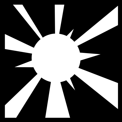 A white-on-black icon resembling the sun, with rays and triangles emanating from a circle.