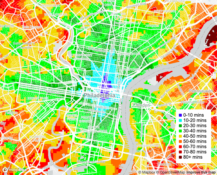A heat map covering the city of Philadelphia, with blue in the center at Iffy Books (representing a commute of 0–10 minutes) and red at the outer edges (representing 70–80 or 80+ minutes)
