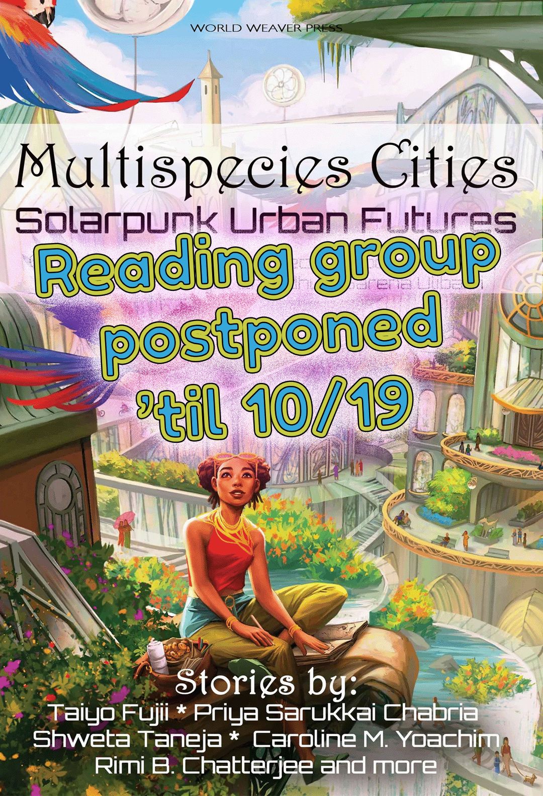 Cover of the book "Multispecies Cities" with the following text overlaid: Reading group postponed 'til 10/19
