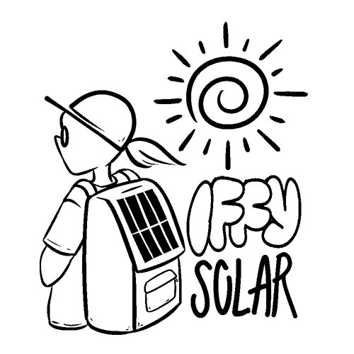 A black-on-white illustration of a person facing to the left, wearing a baseball cap and a backpack with a solar panel on the back. The words "IFFY SOLAR" are next to the backpack, and there's a spiral sun in the sky.