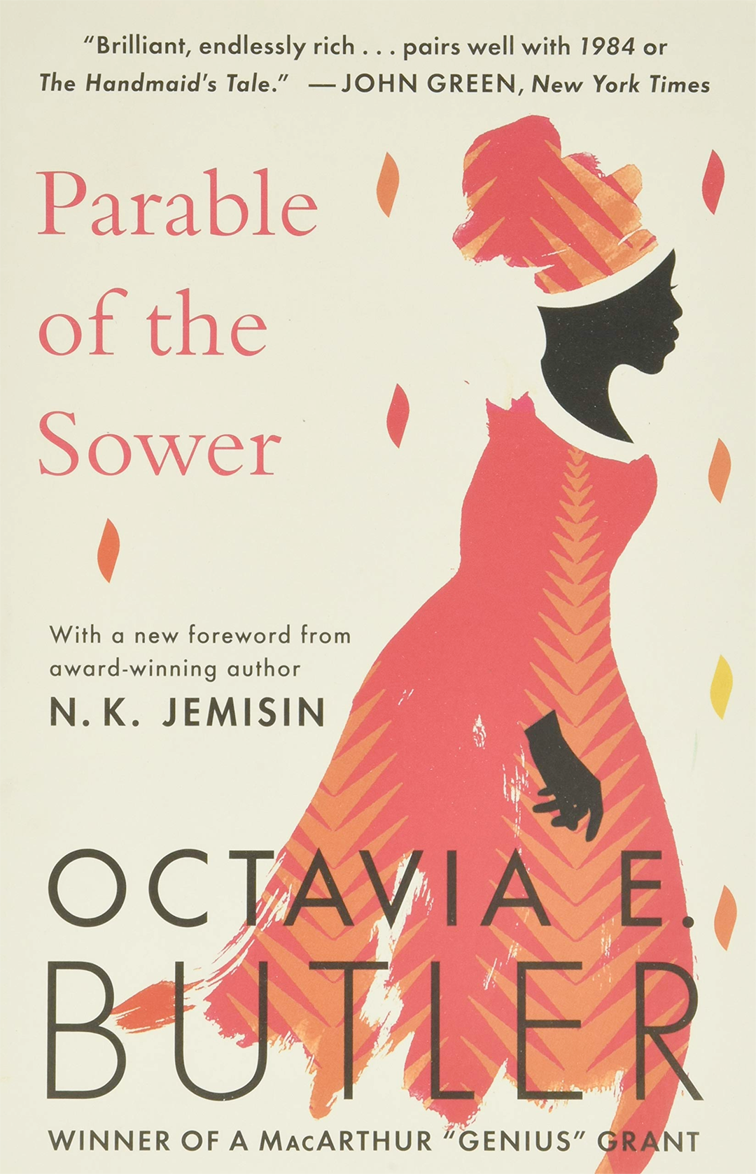 Front cover of 'Parable of the Sower' by Octavia E. Butler, with an illustration of a black woman in profile wearing a read dress and a read cloth on her head.