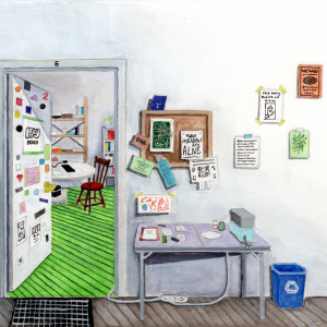 A painting of the entrance to Iffy Books: a door labeled "E" in a white hallway. The door, covered in stickers, is partly open. Inside the store there are bookshelves, a wooden chair with a red cushion, a round white table, and a bright green floor. There's a table in the wallway with a water dispenser and various flyers. There are flyers on the wall, and on a cork board next to the door.