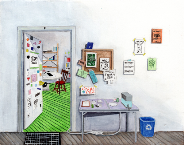 A painting of the entrance to Iffy Books: a door labeled "E" in a white hallway. The door, covered in stickers, is partly open. Inside the store there are bookshelves, a wooden chair with a red cushion, a round white table, and a bright green floor. There's a table in the wallway with a water dispenser and various flyers. There are flyers on the wall, and on a cork board next to the door.