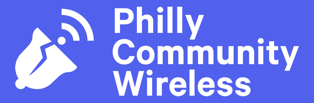 The Philly Community Wireless logo, with a cracked bell and a wi-fi symbol on a blue background.