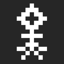 The symbol of the permacomputing movement, a pixel art flower 7 pixels wide and 9 pixels tall, in white on a black background.