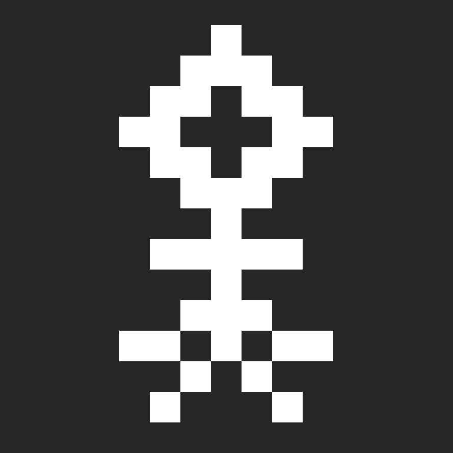 The symbol of the permacomputing movement, a pixel art flower 7 pixels wide and 9 pixels tall, in white on a black background.