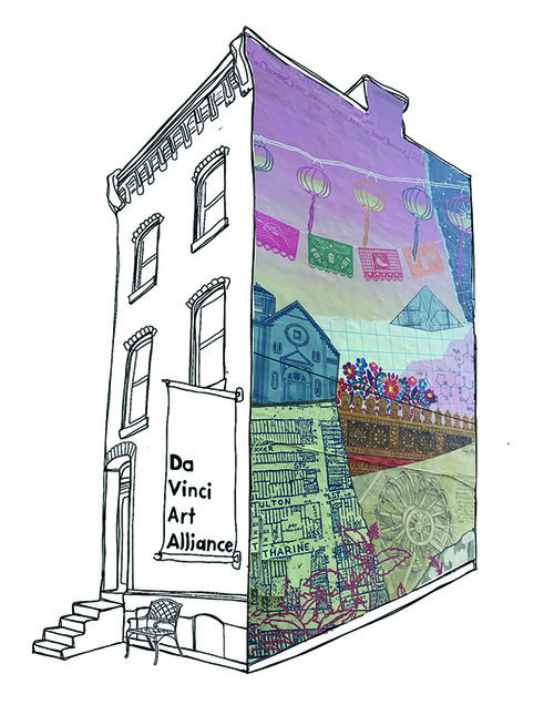 A drawing of the Da Vinci Art Alliance building in South Philly. On the side of the building there's a mural with collaged images of paper lanterns, flowers, a map of the neighborhood, and a drawing of a machine by Leonardo Da Vinci.