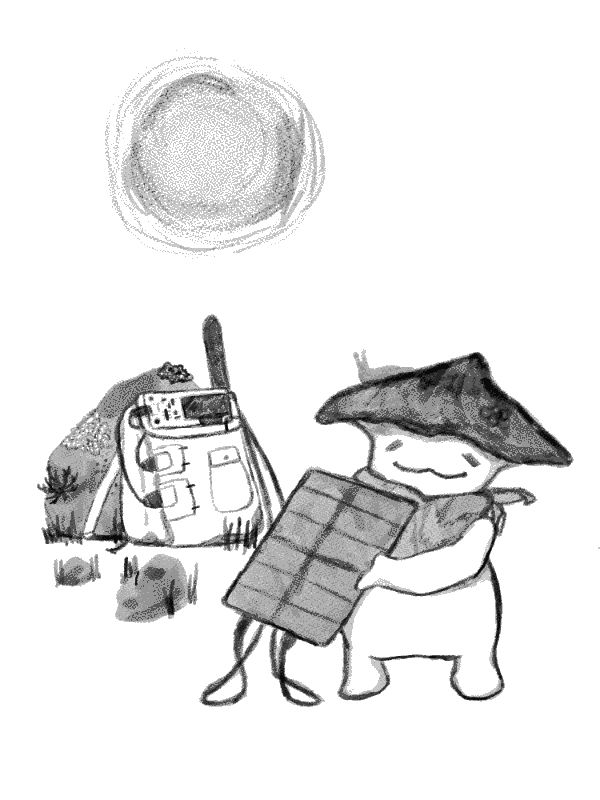 A black-and-white illustration of a smiling cartoon mushroom holding a solar panel, with the sun overhead. In the background, a backpack with a LoRa radio on top leans against a hill.
