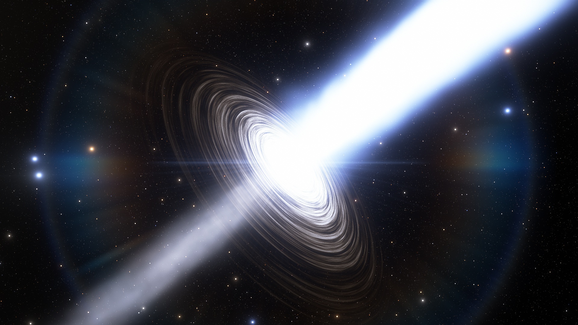 An artist's rendering of a black hole, with a large patch of bright white light on the right side and a dimmer area of light on the left.