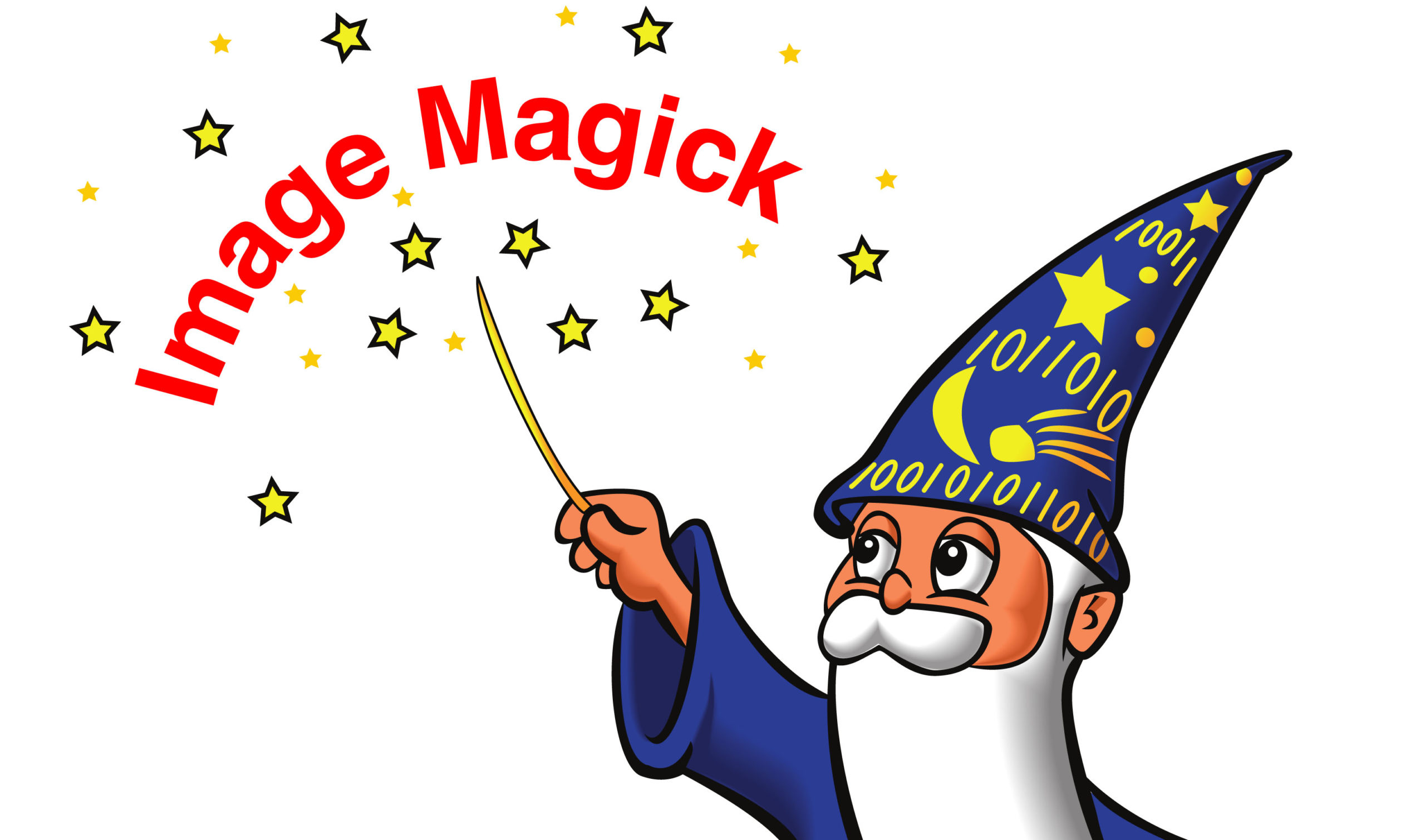 A cartoon wizard with a pointy hat and long beard, pointing a magic wand at the words "Image Magick"