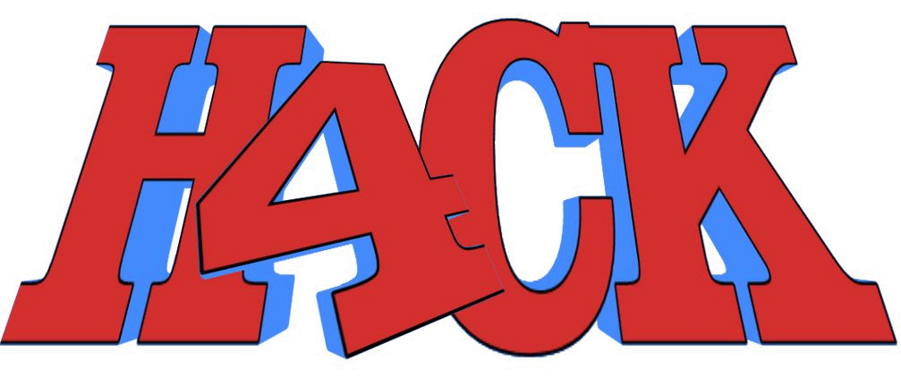 The word "HACK" in red text and a blue drop shadow, in a style resembling Robert Indiana's "Love" sculpture (except that the letters are all on the same line instead of stacked).