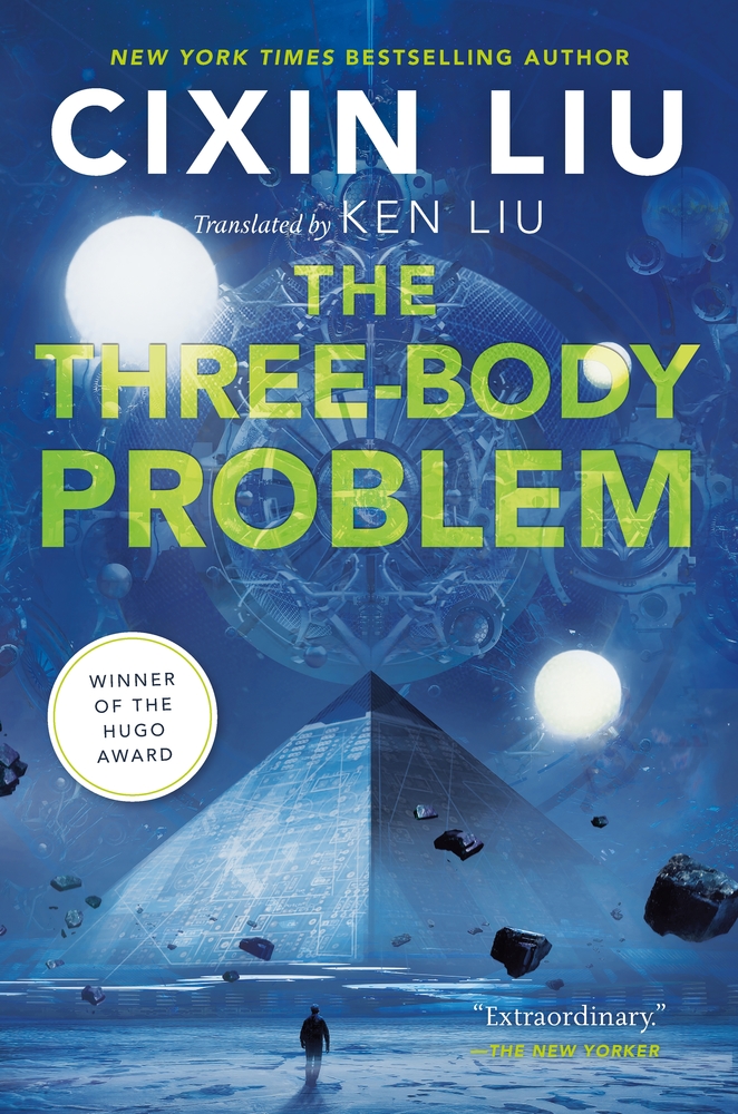 Cover of the novel 'The Three-Body Problem' by Cixin Liu, with an illustration of a blue-tinted pyramid and three suns overhead.