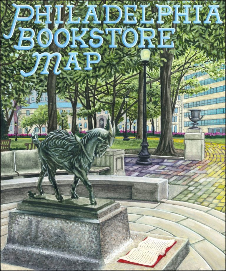 A painting of the goat statue at Rittenhouse Square Part, with the text "Philadelphia Bookstore Map" at the top in blue lettering