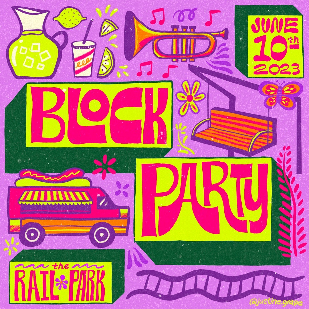 Flyer for the Rail Park Block Party, June 10th 2023. There are illustrations of limeade, a trumpet, a bench, a food vending truck, and train tracks on a purple background.