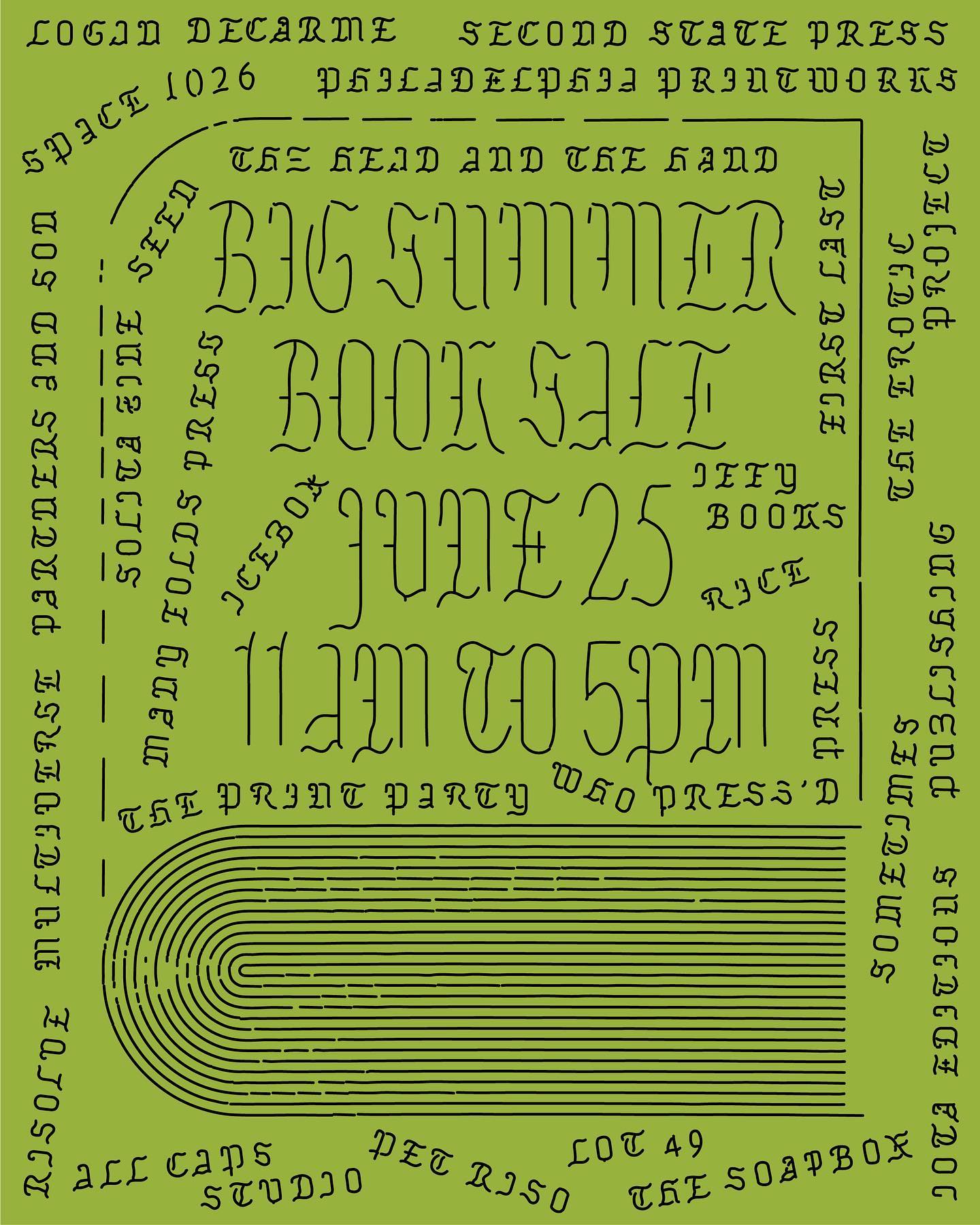 Flyer for the Ulises Big Summer Book Sale on June 25 from 11 am to 5 pm. An illustration of a book is surrounded by the names of booksellers, written in a quasi-gothic script.