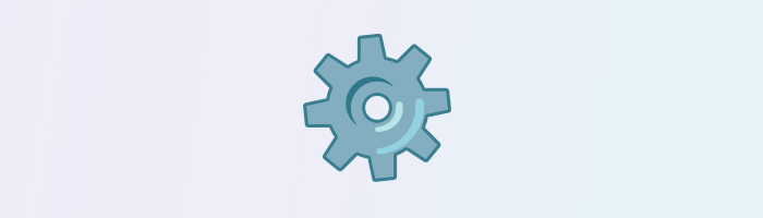 A gear emoji in the center with a blue-pink gradient background