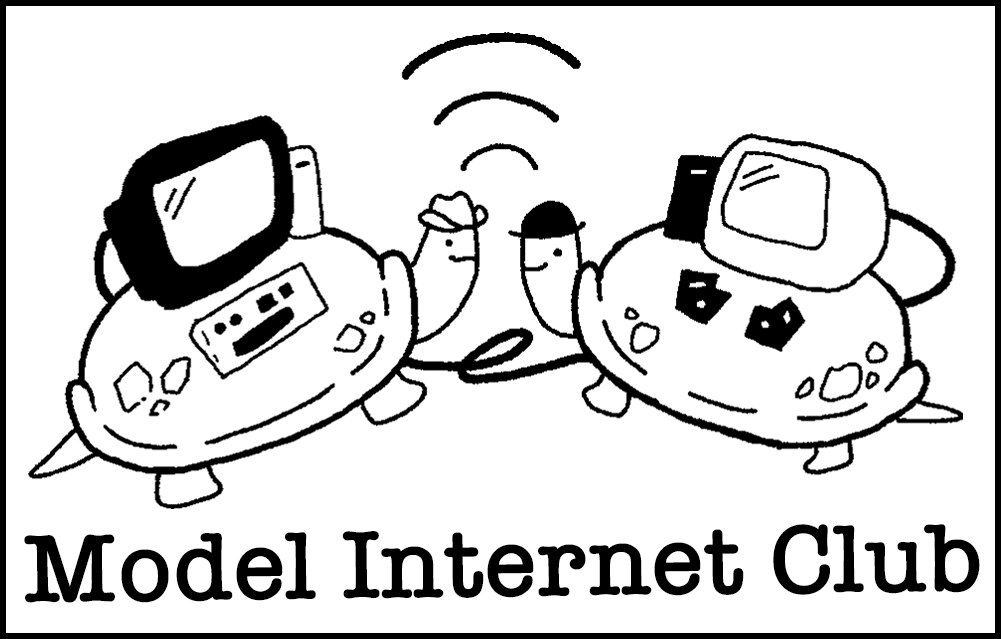 A drawing of two smiling turtles facing each other, with a wi-fi symbol over their heads. One is wearing a cowboy hat and the other is wearing a little bowler. Both turtles have computers on their backs. The text "Model Internet Club" is at the bottom in a typewriter font.