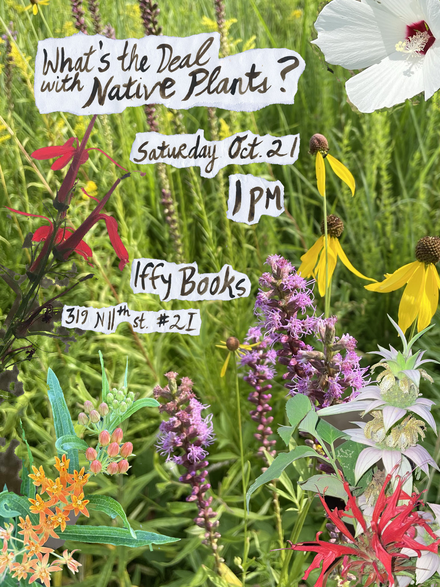 Flyer with a collage of native flowers and the following text handwritten using black walnut ink: What's the Deal with Native Plants? / Saturday, Oct. 21 1 PM Iffy Books 319 N. 11th St. #2I