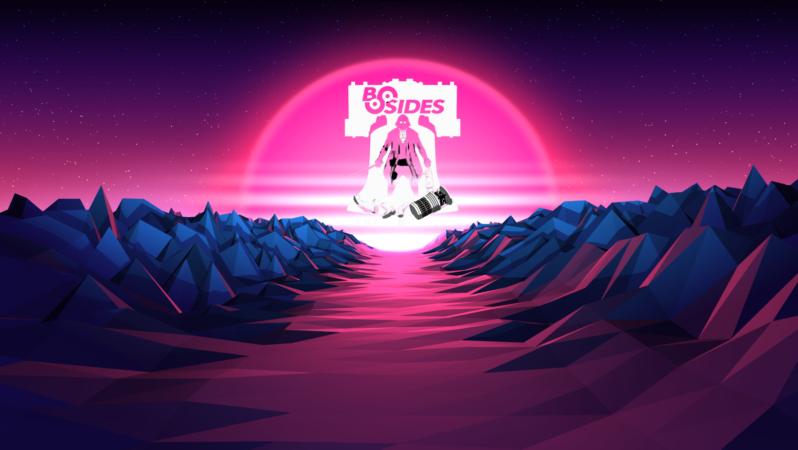 Promo illustration for BSides Philly, with a low-poly 3D-rendered landscape and the conference logo (Ben Franklin with a sword in front of the Liberty Bell) superimposed over a setting pink sun.