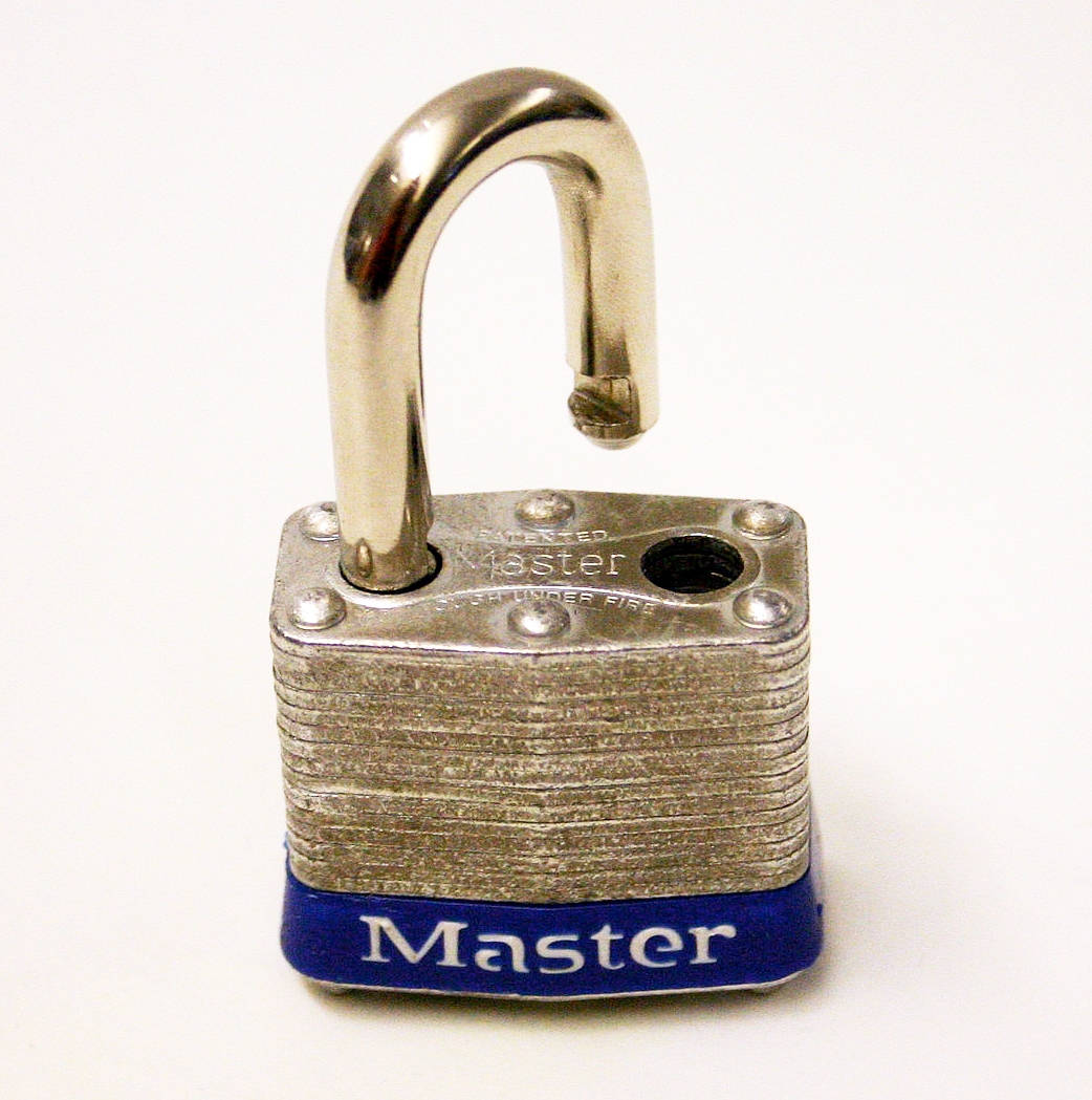 Photo of an unlocked Master brand padlock.