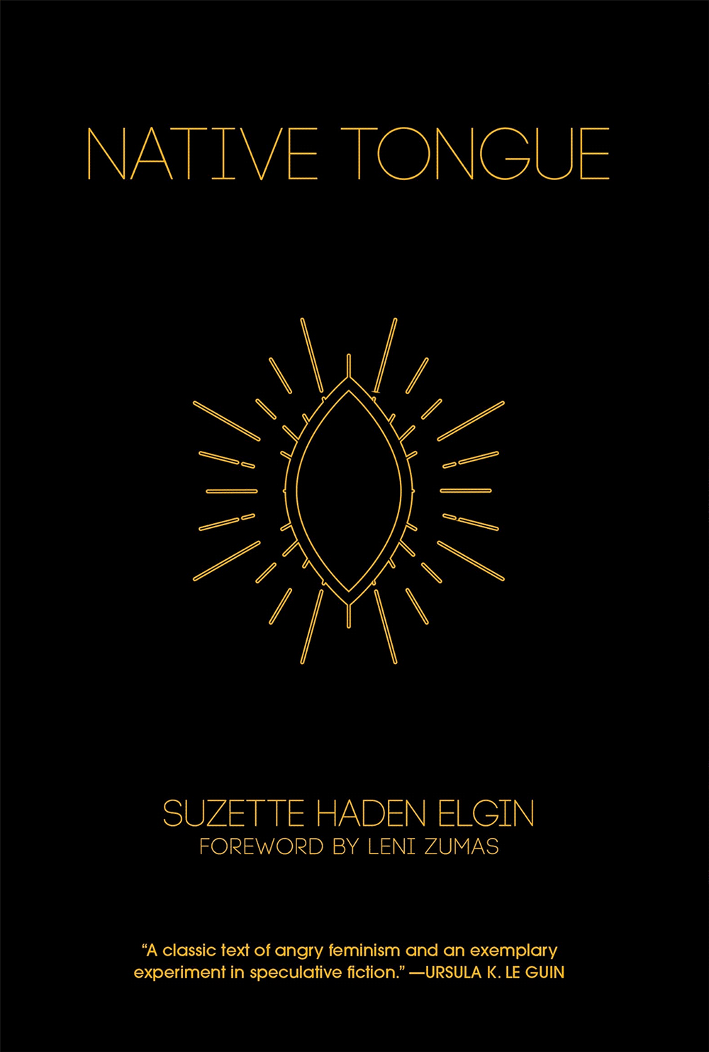 Cover of the book 'Native Tongue' by Suzette Haden Elgin, with fine-lined yellow text on a black background and a vaginal-looking geometric pattern at the center.