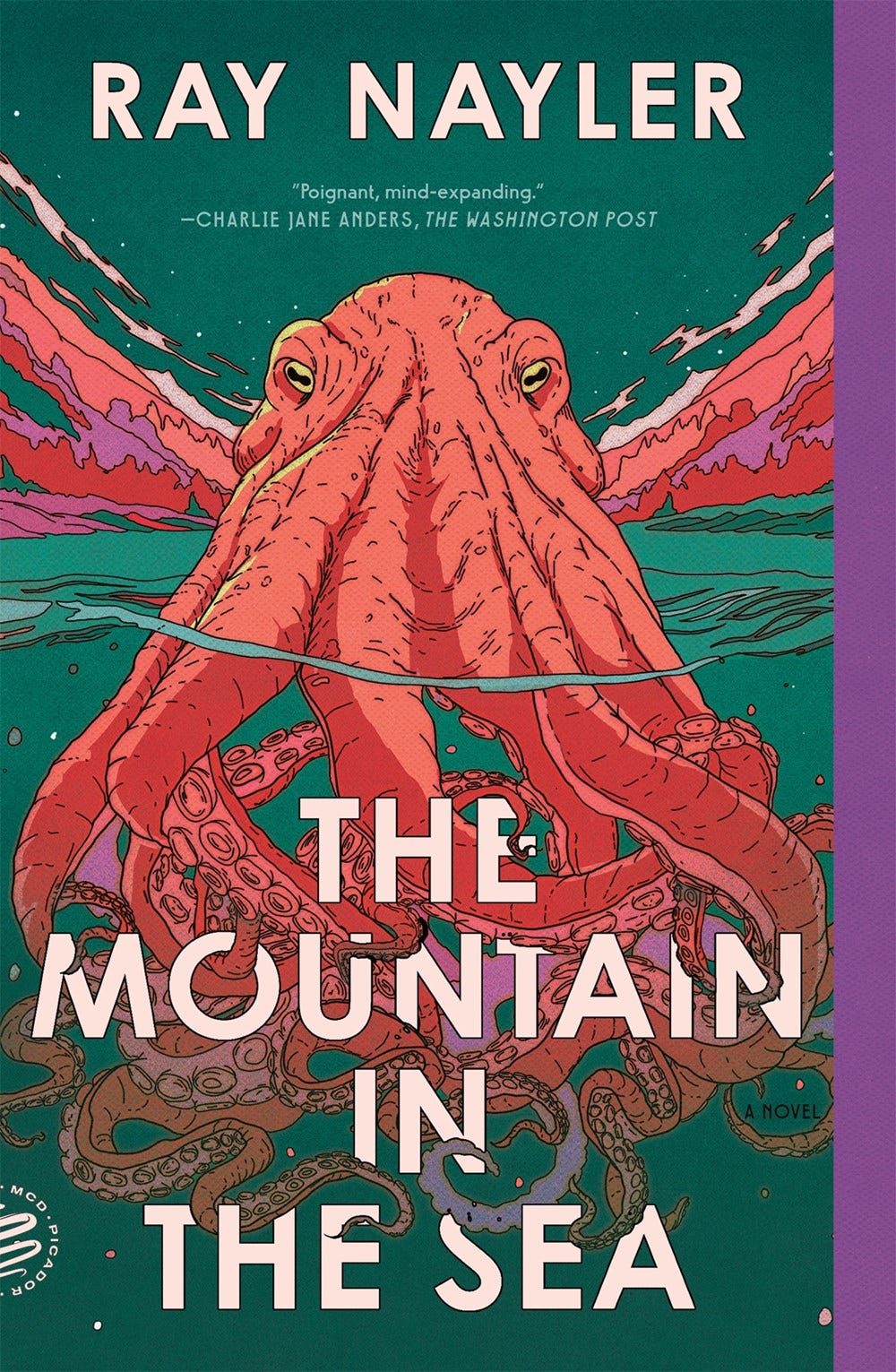 The cover of the book 'The Mountain in the Sea' by Ray Nayler, with an illustration of a pink-orange octopus in the water, in front of a starry sky