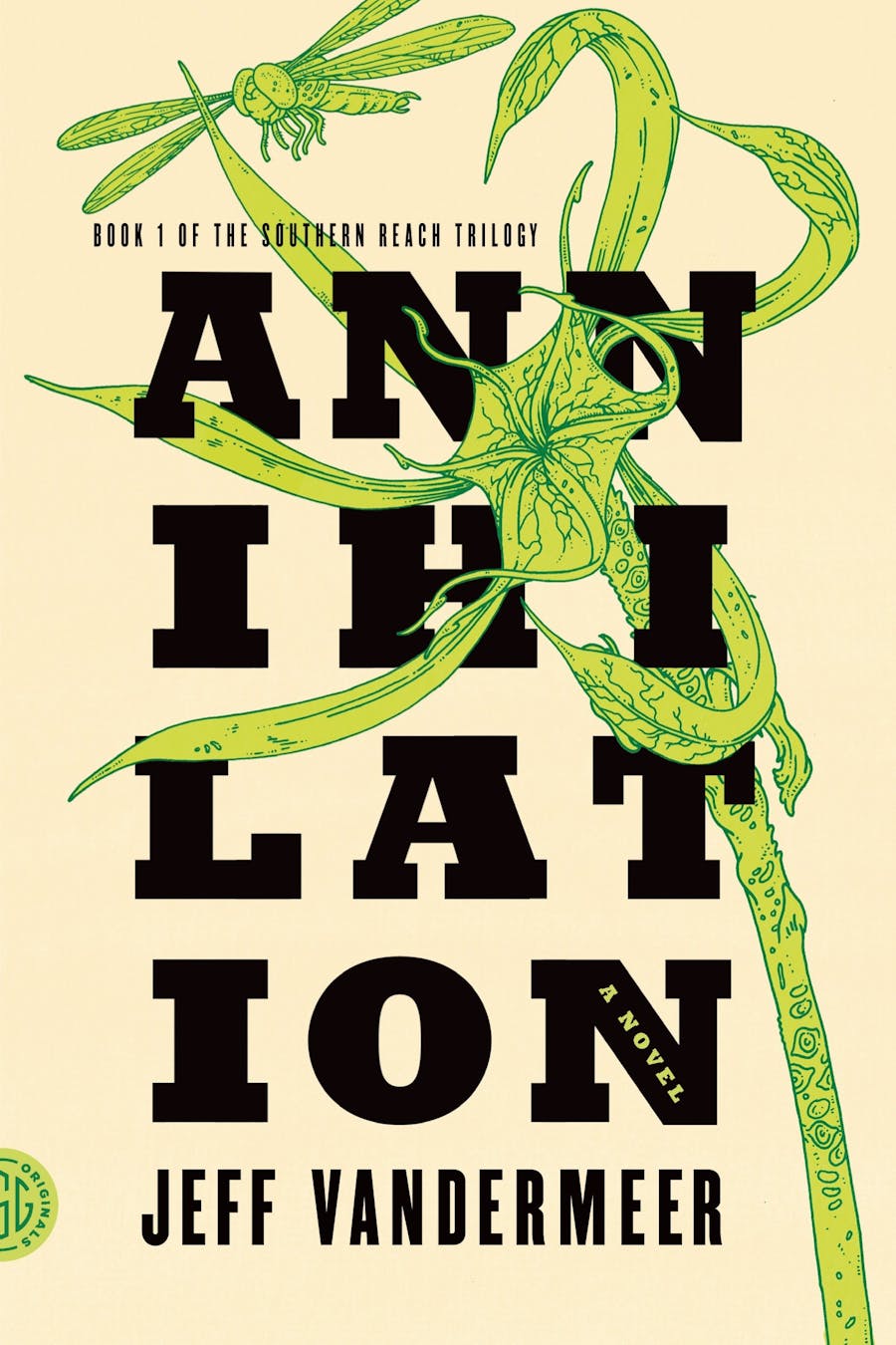 Cover of the novel 'Annihilation' by Jeff VanderMeer, with a green illustration of a dragonfly and a threatening-looking flower