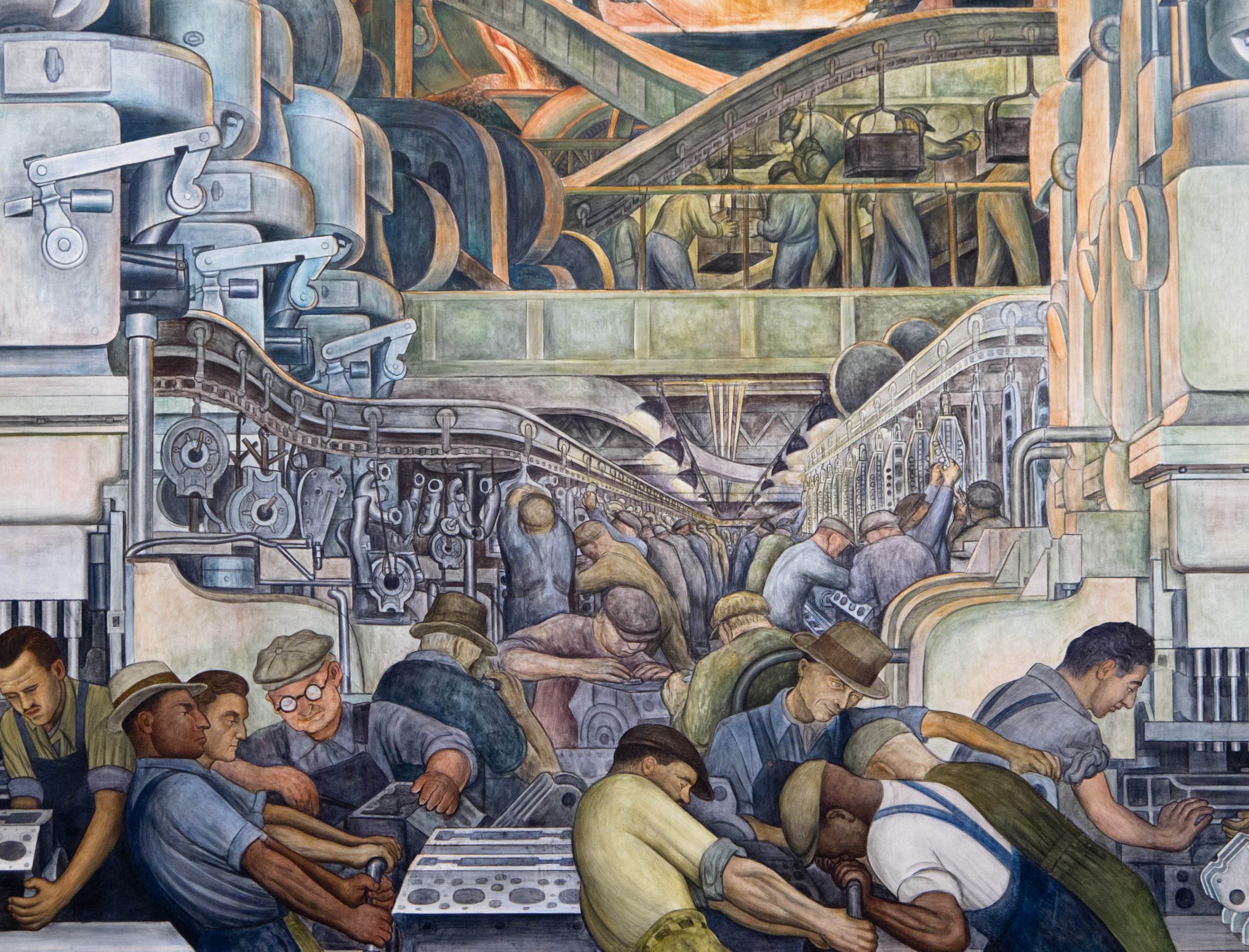 Painting of workers and enormous machines in a Detroit auto plant, painted by Diego Rivera