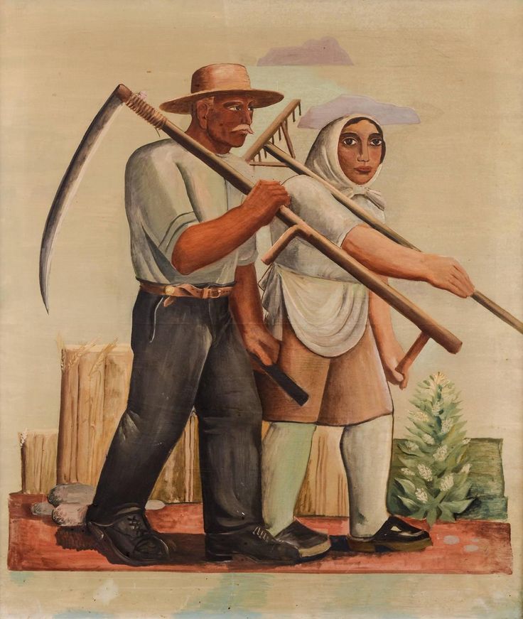 A painting of two farmers walking. A man with a broad-brimmed hat and a white mustache carries a scythe over his shoulder, while a woman with a scarf over her hair carries a wooden rake beside him.