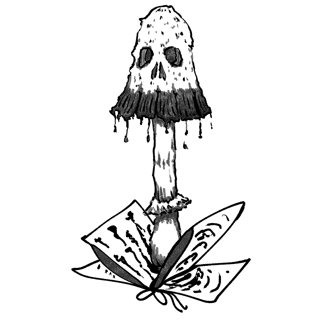 Black and white illustration of a mushroom with the features of a skull rising from the pages of a zine. Drawn by Pixel.