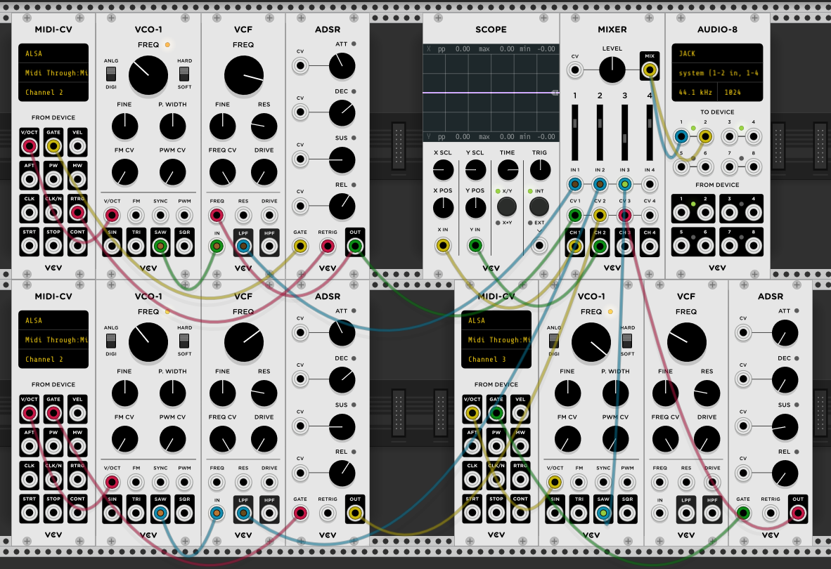 Screen capture of the modular synthesizer software VCV Rack, with a grid of virtual audio synthesizer modules connected by colored lines representing wires.