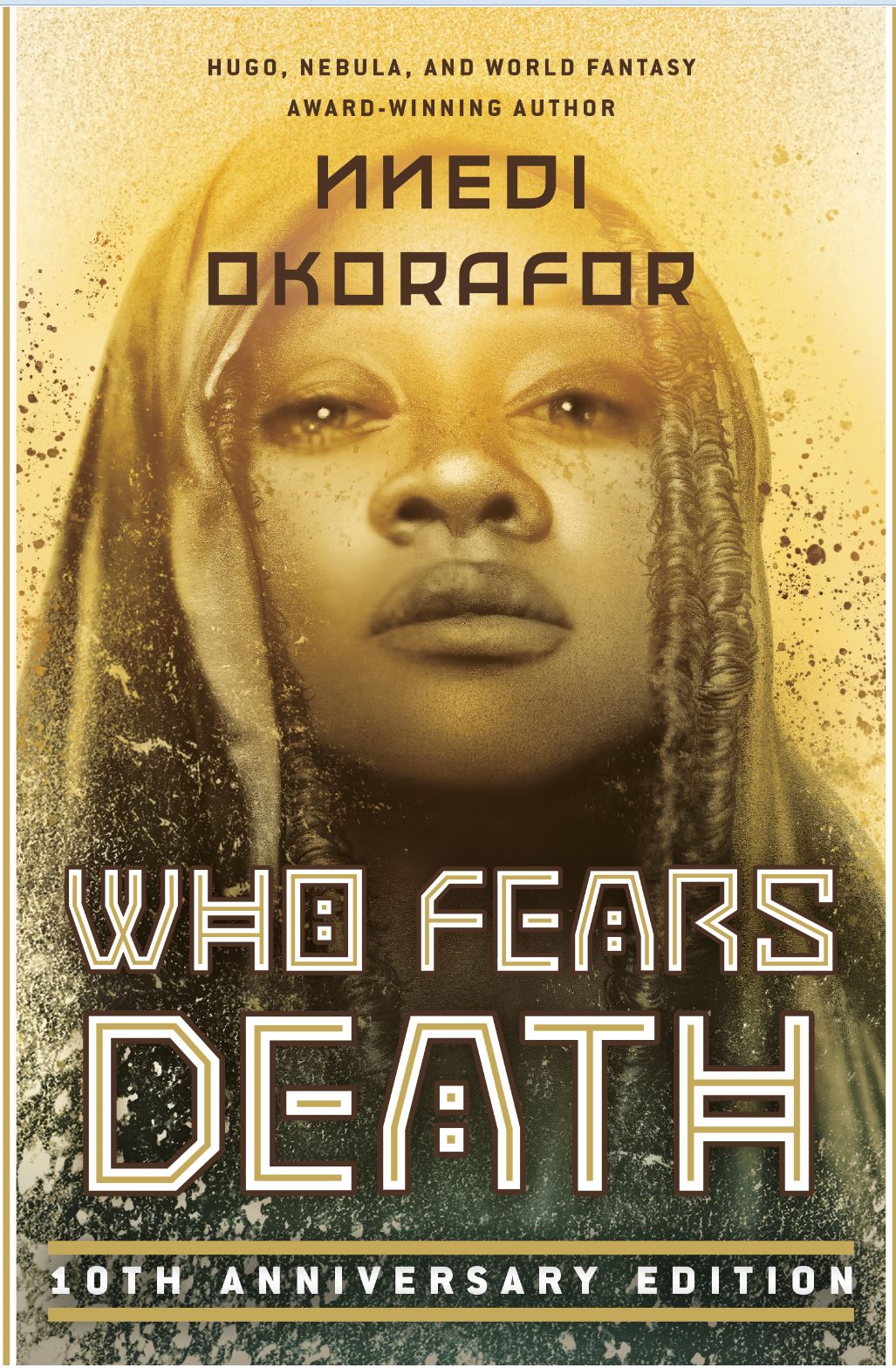 The cover of 'Who Fears Death' by Nnedi Okorafor, with a yellowy muted photo of a young black woman with a scarf over her hair.