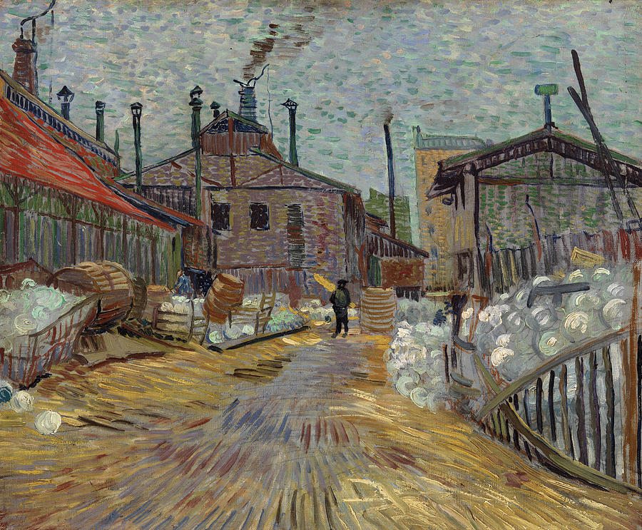 A painting of several factory buildings by Vincent van Gogh. There's matted hay on the ground in the foreground. A person dressed in black in the middle distance is carrying a long yellow object