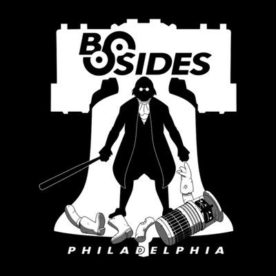 The logo for B-Sides Philly, with a silhouette of Ben Franklin in front of the Liberty Bell, holding a sword next to a dismembered trash can robot