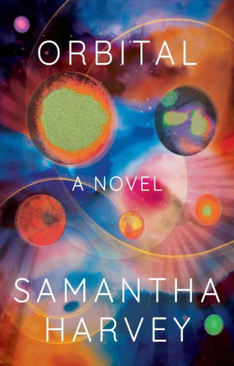 The cover of the novel 'Orbital' by Samantha Harvey, with glowing planet-like spheres on a starry background with glowing halos