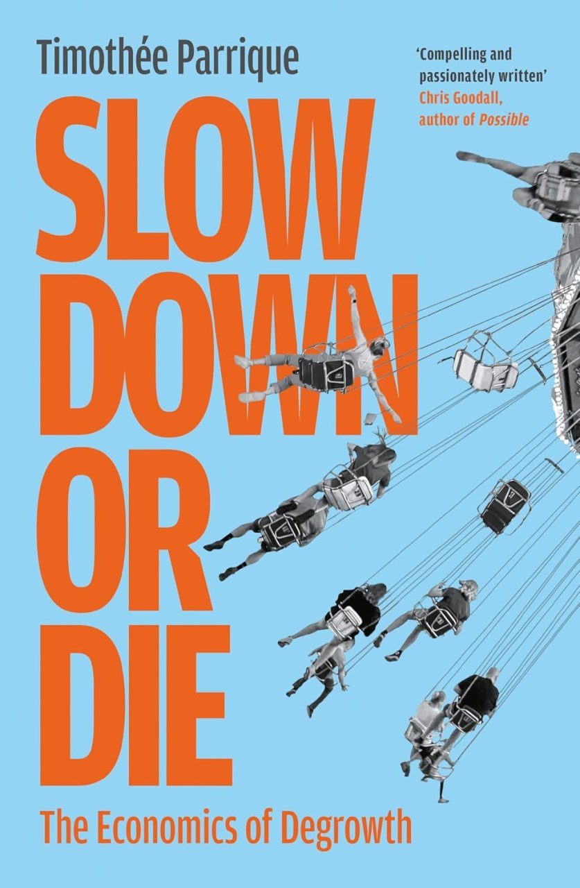 Book cover for 'Slow Down or Die: The Economics of Degrowth' by Timothée Parrique, with a black and white photo of children on a carnival swing ride on a sky blue background
