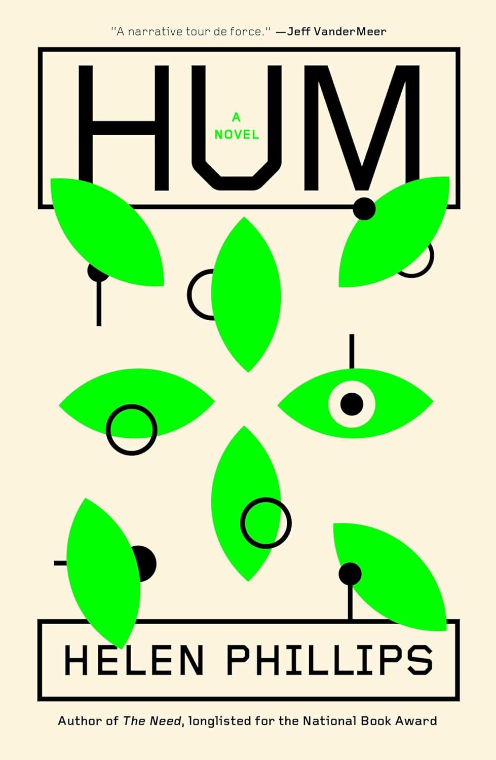 Cover of the novel 'Hum' by Helen Phillips, with bright green leaf shapes arranged in a geometric pattern with lines and circles