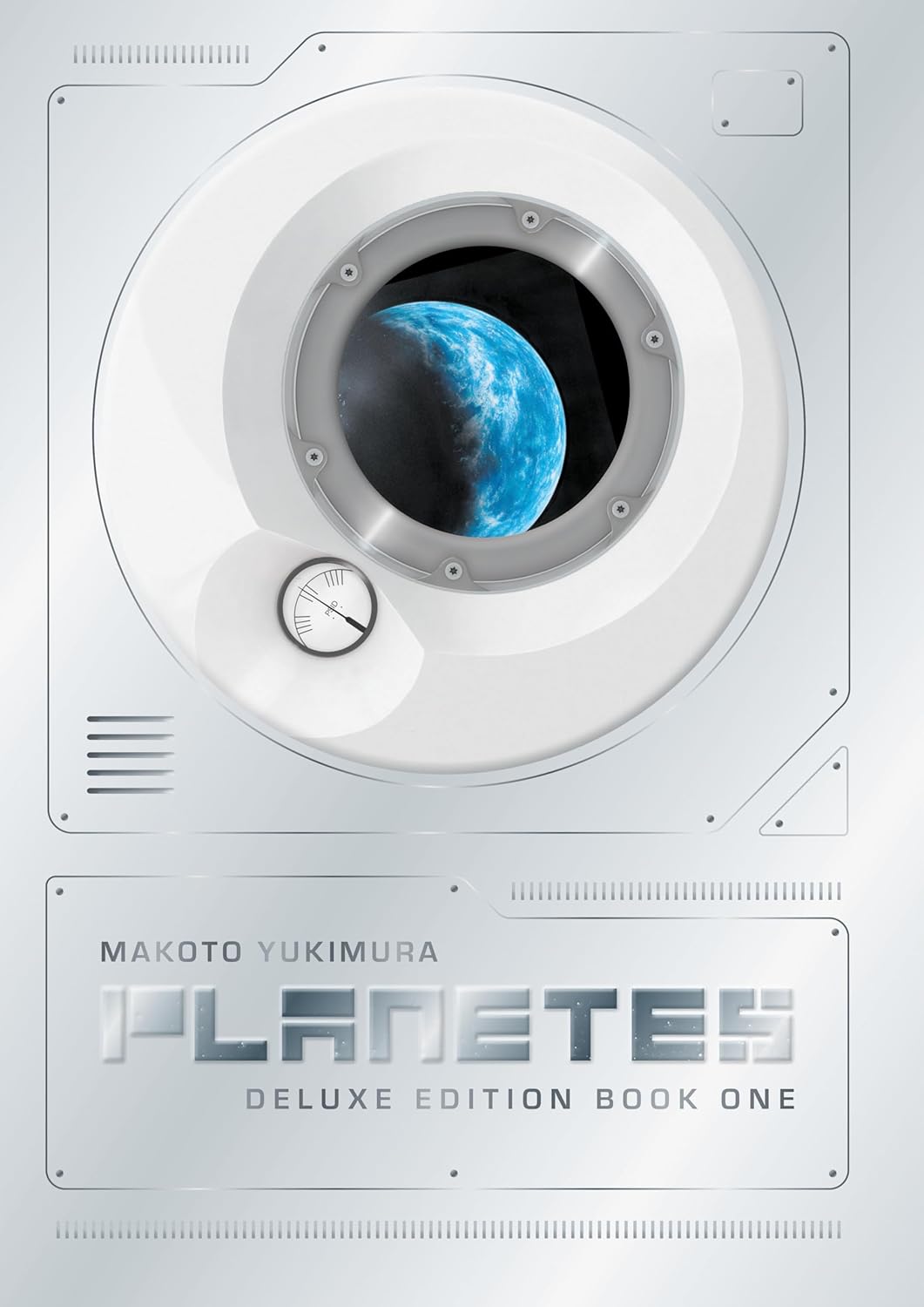 The cover of 'Planetes Book 1' by Makoto Yukimura, with an illustration of a circular porthole in a spaceship with the Earth below filling the view
