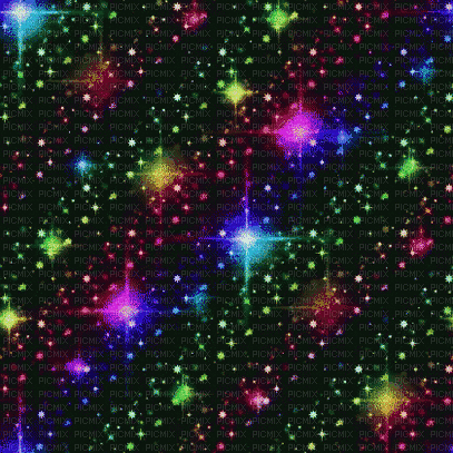 Animated gif of rainbow-colored sparkles and dots on a black background